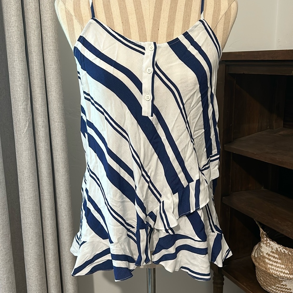blue and white striped ruffle tank top